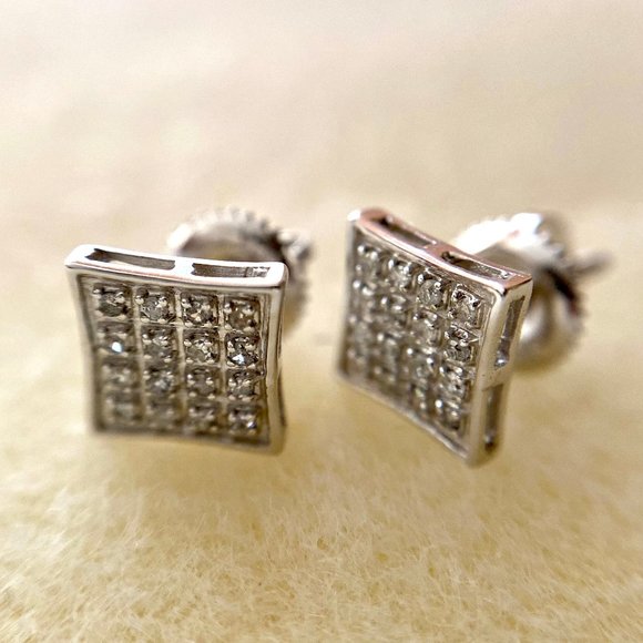 10K White Pavé Diamond Square Cluster Earrings.